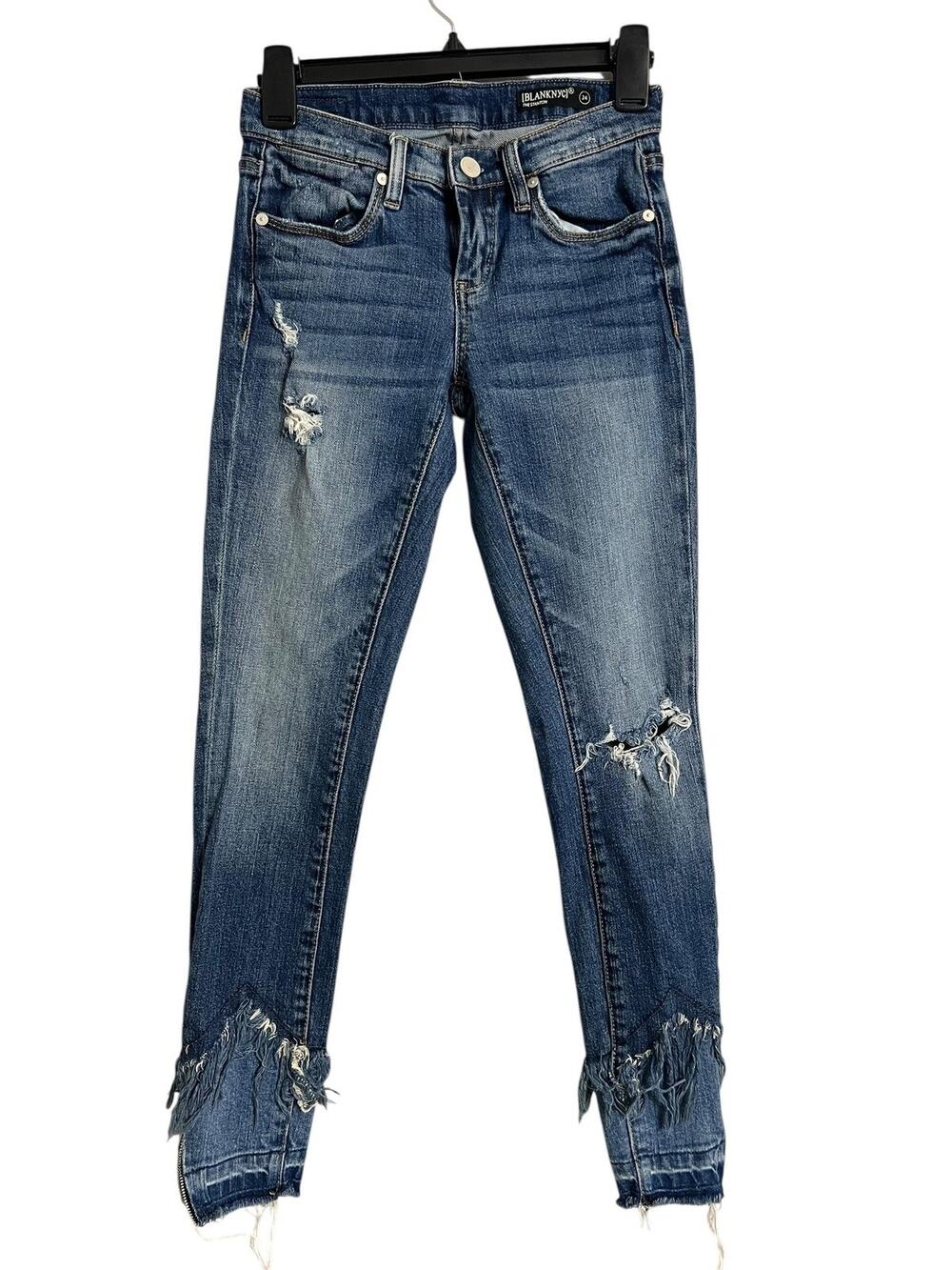 BLANKNYC The Stanton Skinny Jeans Womens 24 Blue Distressed Fringe Hem Ankle Zip